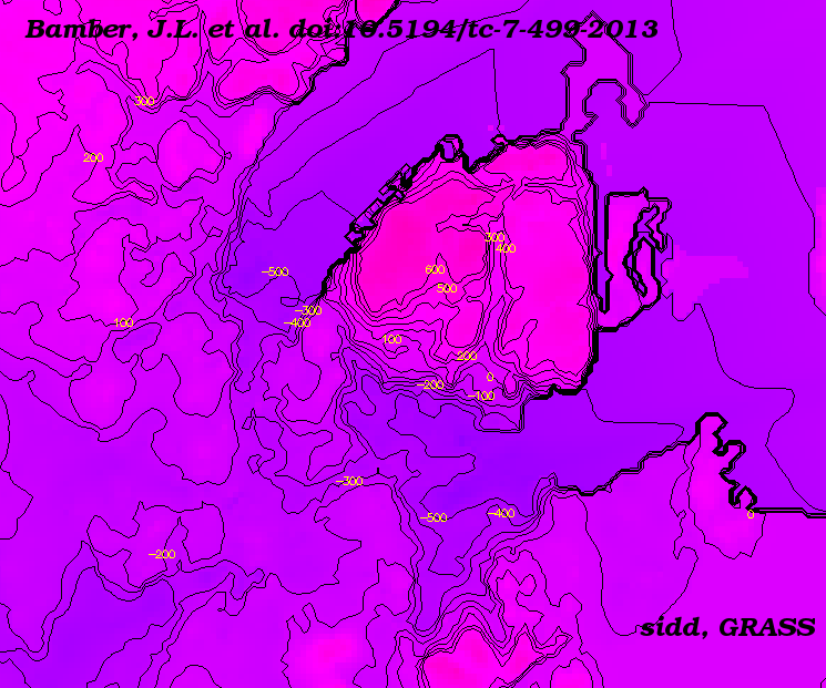 Contours of bedrock below
Nioghalvfjerdsfjorden and Zachariae Isstrom.