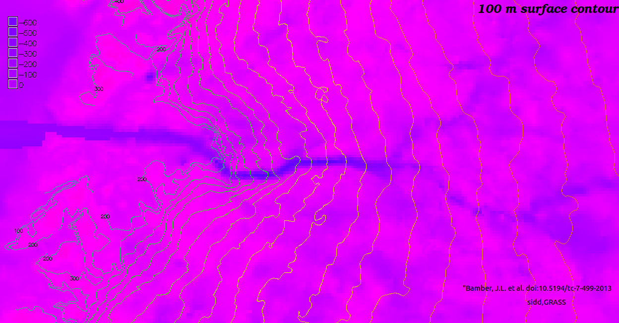 surface contours over color coded bedrock map at Jacobshawn